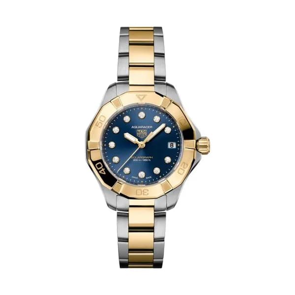 TAG Heuer Montre TAG Heuer Aquaracer Professional 200 Solargraph solaire index diamants cadran noir bracelet or jaune et acier 34 mm