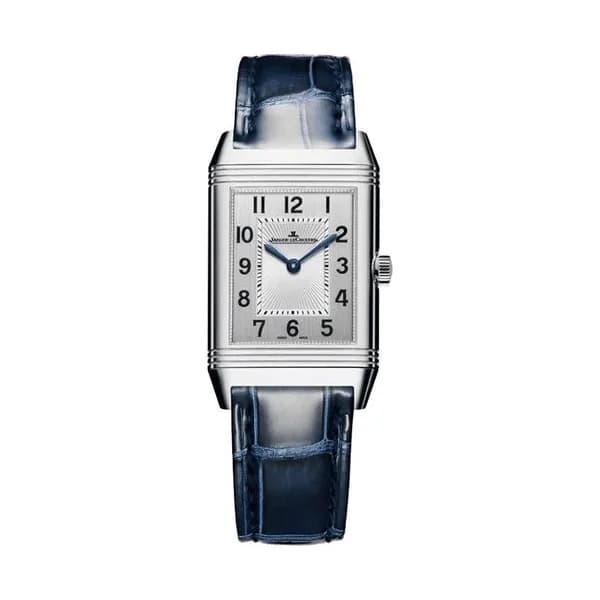 Jaeger-LeCoultre Montre Jaeger LeCoultre Reverso Classic Medium Duetto mécanique cadran argent bracelet cuir bleu