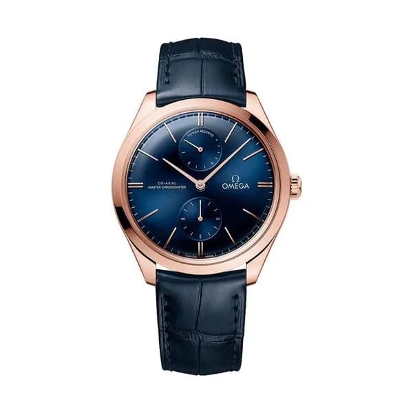 Omega Montre Omega de Ville Trésor Co-Axial Master Chronometer Réserve de Marche Or Sedna cadran bleu bracelet cuir bleu 40 mm