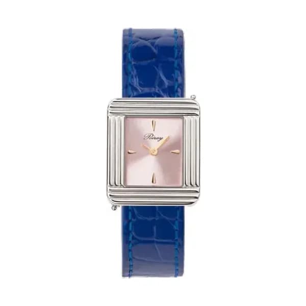 Poiray Montre Poiray Ma Première Acier Cadran Rose Bracelet Alligator Bleu