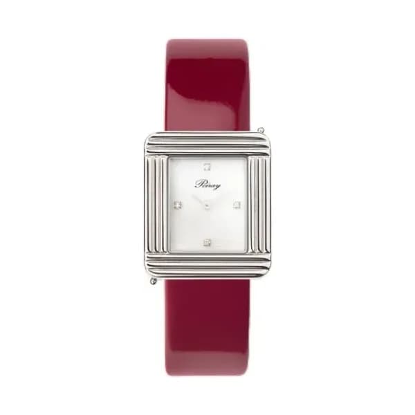 Poiray Montre Poiray Ma Première Cadran Blanc Serti Bracelet Veau Vernis Cerise