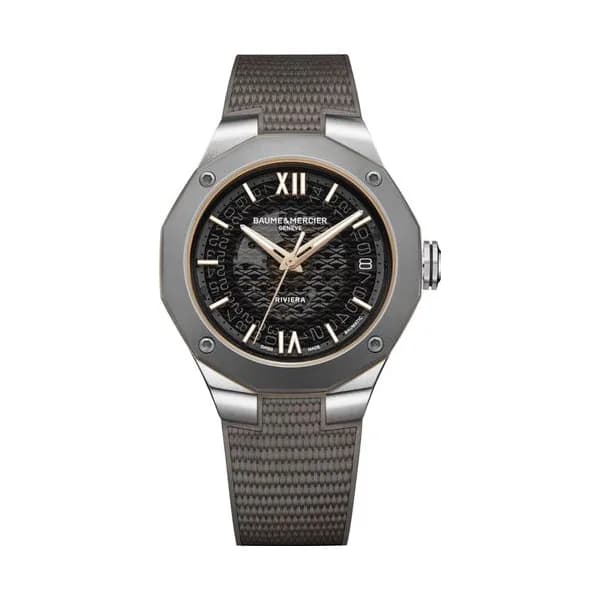 Baume & Mercier Montre Baume et Mercier Riviera automatique lunette titane cadran gris bracelet caoutchouc gris 39 mm
