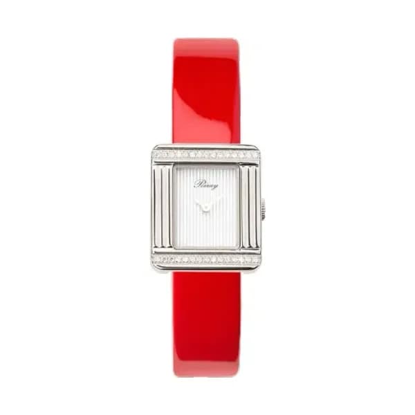 Poiray Montre Poiray Ma Première Mini Acier Serti Diamants Bracelet Veau Vernis Rouge