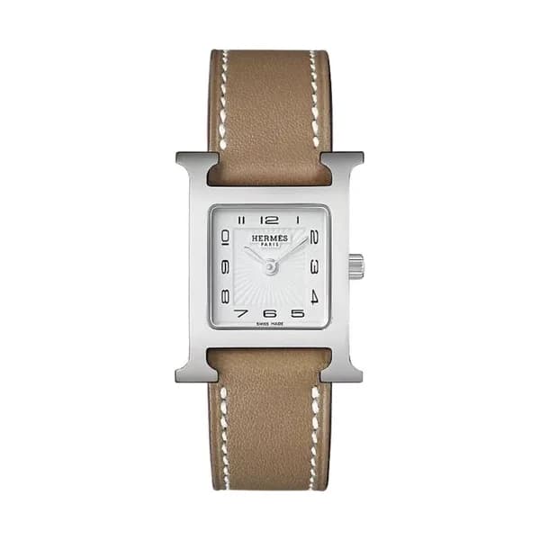 Hermès Montre HERMÈS Heure H Petit Modèle quartz cadran blanc bracelet cuir Swift étoupe 25 mm
