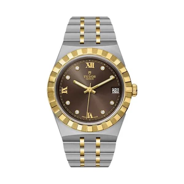 Tudor Montre Tudor Royal automatique lunette or jaune index diamants cadran chocolat bracelet acier et or jaune 34 mm