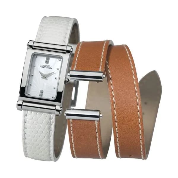Michel Herbelin Montre Michel Herbelin Coffret Antarès quartz cadran nacre bracelets cuir blanc et brun