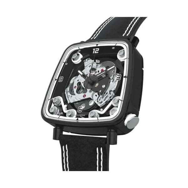 B.R.M Montre B.R.M FF39-40 automatique titane noir couronne laque blanche cadran squelette bracelet cuir Alcantara noir 40 mm
