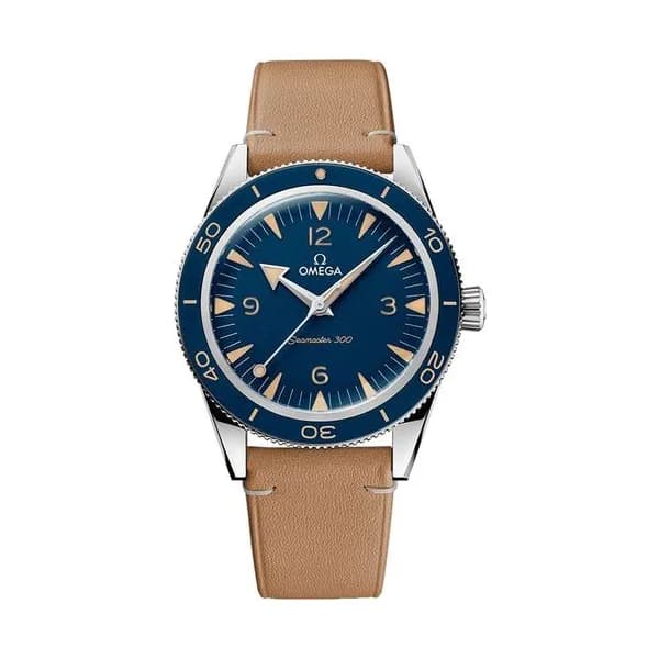 Omega Montre Omega Seamaster 300 automatique Co-Axial cadran bleu bracelet cuir beige 41 mm