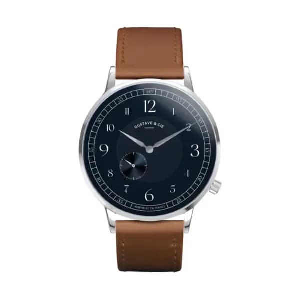 Gustave & Cie Montre 12H Hector Argent & Bleu Cuir Marron Havane Surpiqué 40mm