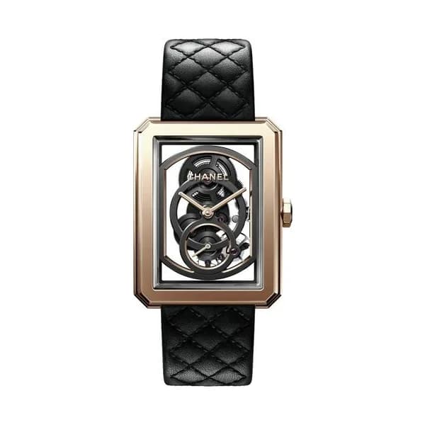 Chanel Montre Chanel BOY·FRIEND Grand Modèle Or beige mécanique cadran squelette bracelet cuir veau noir
