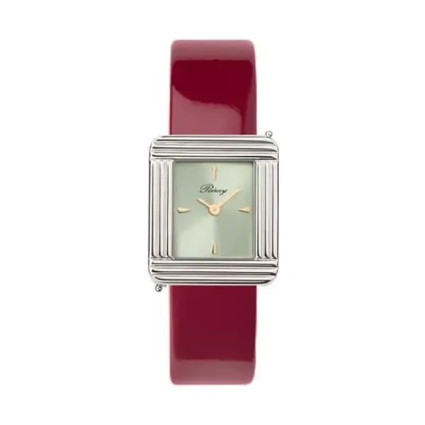 Poiray Montre Poiray Ma Première Acier Cadran Vert Bracelet Veau Vernis Cerise