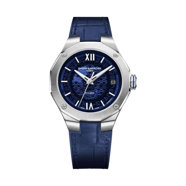 Baume & Mercier Montre Baume et Mercier Riviera automatique cadran bleu bracelet cuir bleu 39 mm