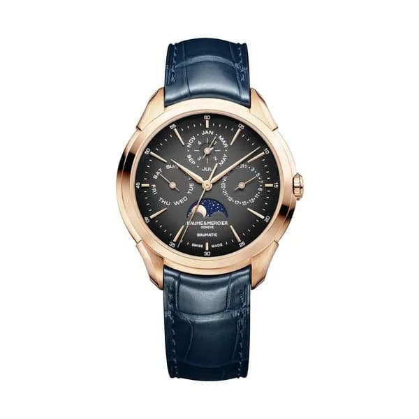 Baume & Mercier Montre Baume et Mercier Clifton Or Rose Phases de Lune automatique cadran noir bracelet cuir bleu 42 mm