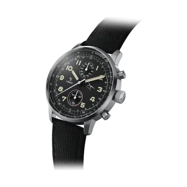 Yema Montre Yema Flygraf Bi-Compax AAE Meca-Quartz cadran noir bracelet tissu noir 40 mm