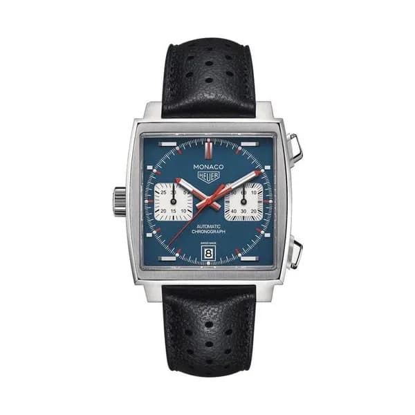 TAG Heuer Montre TAG Heuer Monaco Calibre 11 cadran bleu bracelet cuir perforé noir 39 mm