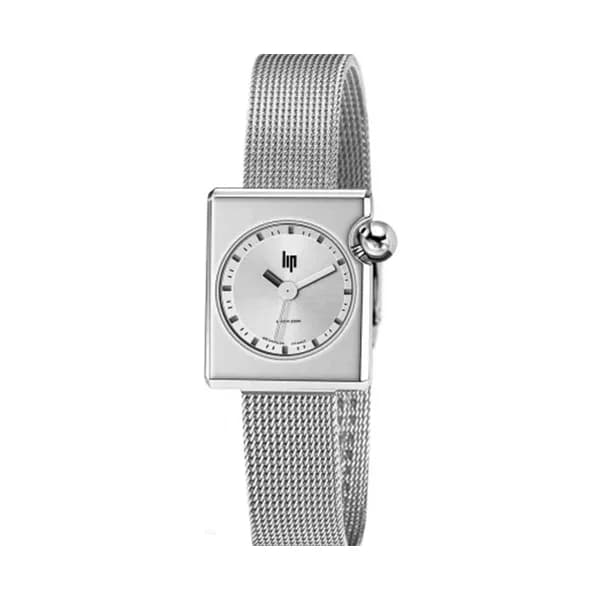 Lip Montre LIP Femme MACH 2000 mini square 30 mm Cadran argenté bracelet milanais chromé