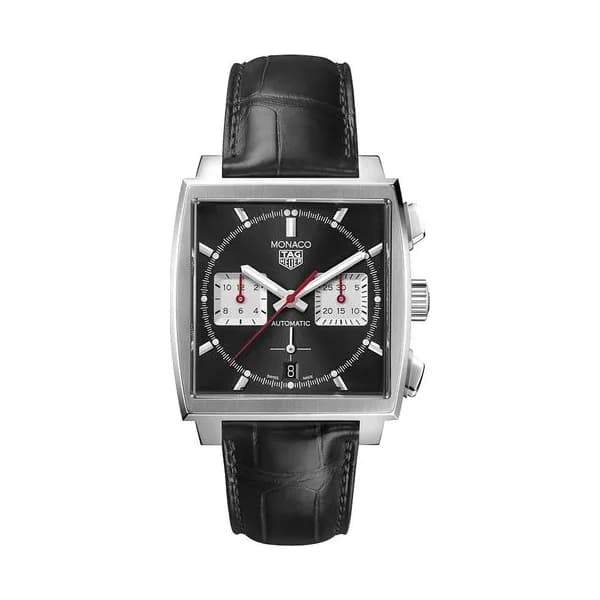 TAG Heuer Montre TAG Heuer Monaco Calibre HEUER 02 cadran noir bracelet cuir noir 39 mm