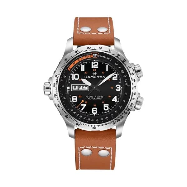 Hamilton Montre Hamilton Khaki Aviation X-Wind Day Date automatique cadran noir bracelet cuir marron 45 mm