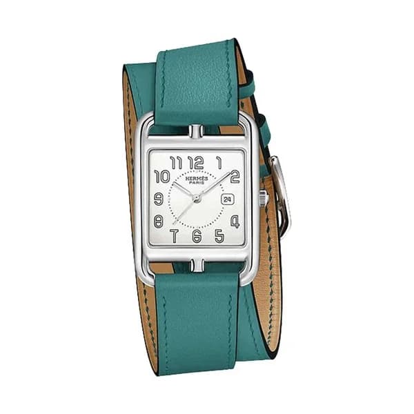 Hermès Montre HERMÈS Cape Cod Grand Modèle quartz cadran blanc bracelet cuir double tour bleu 29 x 29 mm