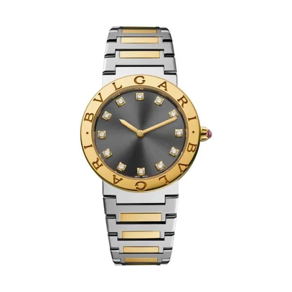 Bulgari Montre Bulgari Bvlgari Bvlgari quartz index diamants cadran gris bracelet acier et or jaune 33 mm