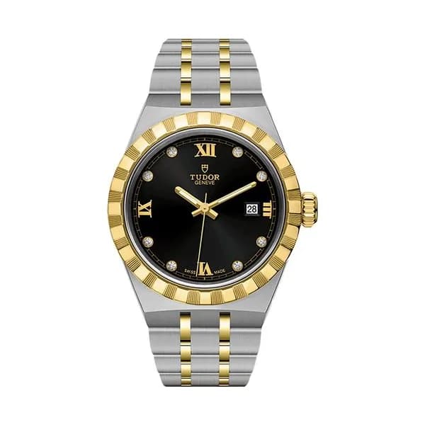 Tudor Montre Tudor Royal automatique index diamants cadran noir bracelet acier et or jaune 28 mm