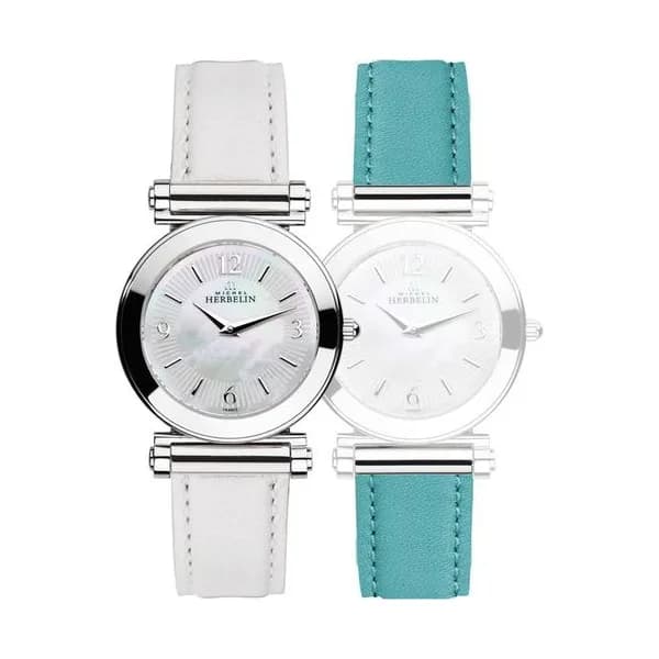 Michel Herbelin Montre Michel Herbelin Coffret Antarès quartz cadran nacre bracelets cuir blanc et turquoise 29 mm