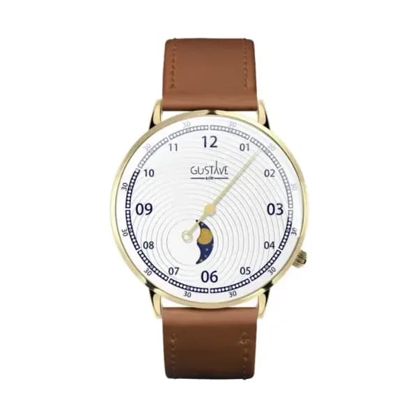 Gustave & Cie Montre 12H Georges Or & Blanc Cuir Marron Havane Surpiqué 40mm