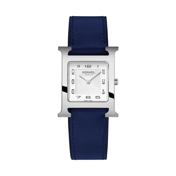 Hermès Montre HERMÈS Heure H Moyen Modèle quartz cadran blanc bracelet cuir bleu 30 mm