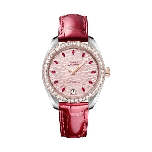 Omega Montre Omega Seamaster Aqua Terra 150M Co-Axial Master Chronometer Or Sedna lunette sertie cadran rose bracelet cuir rouge 34 mm