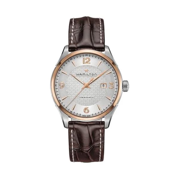 Hamilton Montre Hamilton Jazzmaster Viewmatic cadran argenté index dorés rose bracelet cuir brun 44 mm
