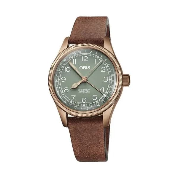Oris Montre Oris Aviation Big Crown Bronze Pointer Date cadran vert bracelet cuir marron 36 mm