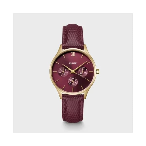 Cluse Minuit Multifunction Watch Leather, Dark Cherry Lizard, Gold Colour