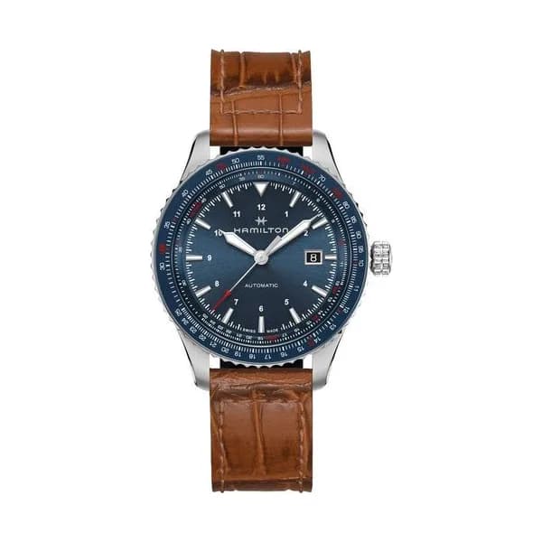 Hamilton Montre Hamilton Khaki Aviation Converter automatique cadran bleu bracelet cuir brun 42 mm
