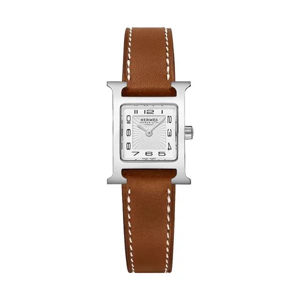 Hermès Montre HERMÈS Heure H Mini Modèle quartz cadran blanc bracelet cuir Barénia marron 21 mm