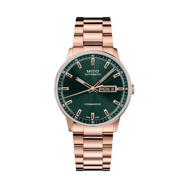 Mido Montre Mido Commander Datoday automatique cadran vert bracelet acier PVD or rose 40 mm