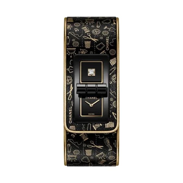 Chanel Montre CHANEL Code Coco cadran laqué serti noir bracelet cuir noir