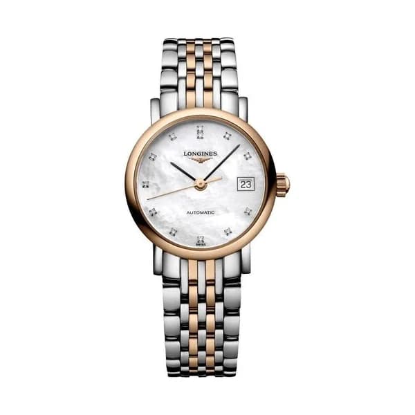 Longines Montre Longines Elegant Collection automatique index diamants cadran nacre blanche bracelet acier et or rose 25,5 mm