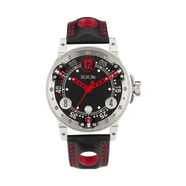 BRM Montre BRM V6 automatique inox cadran noir aiguilles rouges bracelet cuir noir 44 mm
