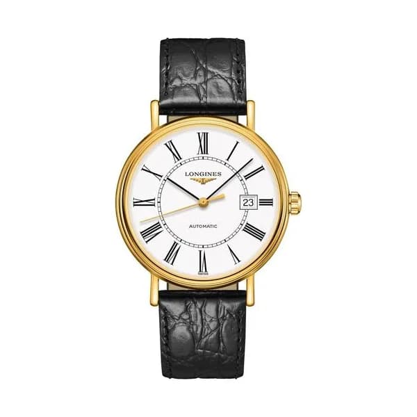 Longines Montre Longines Présence automatique acier PVD or jaune cadran blanc chiffres romains bracelet cuir noir 40 mm