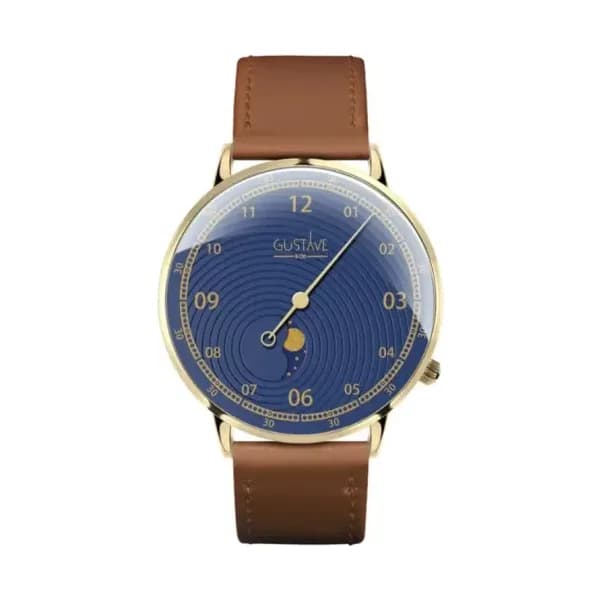 Gustave & Cie Montre 12H Georges Or & Bleu Cuir Marron Havane Surpiqué 40mm