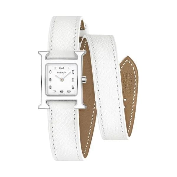 Hermès Montre HERMÈS Heure H Petit Modèle quartz cadran blanc bracelet cuir blanc double tour 21 mm
