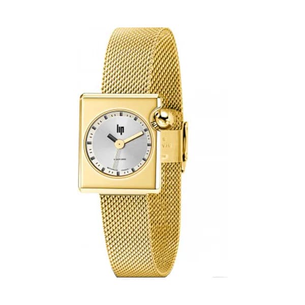 Lip Montre LIP Femme MACH 2000 mini square 30 mm Cadran doré lunette intérieure blanche bracelet milanais doré