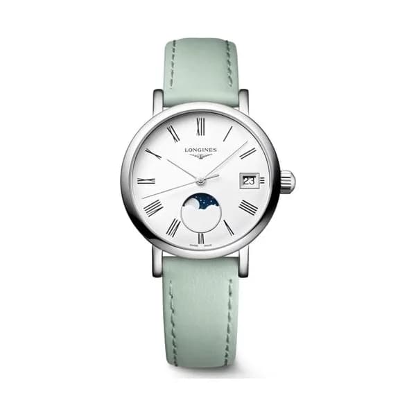 Longines Montre Longines Elegant collection Phase de Lune quartz cadran blanc bracelet cuir vert 30 mm