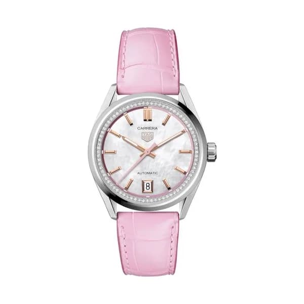 TAG Heuer Montre TAG Heuer Carrera Date automatique diamants cadran nacre blanche bracelet cuir rose 36 mm