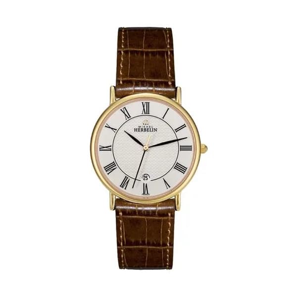 Michel Herbelin Montre Michel Herbelin Classiques quartz cadran blanc chiffres romains bracelet cuir brun 34 mm