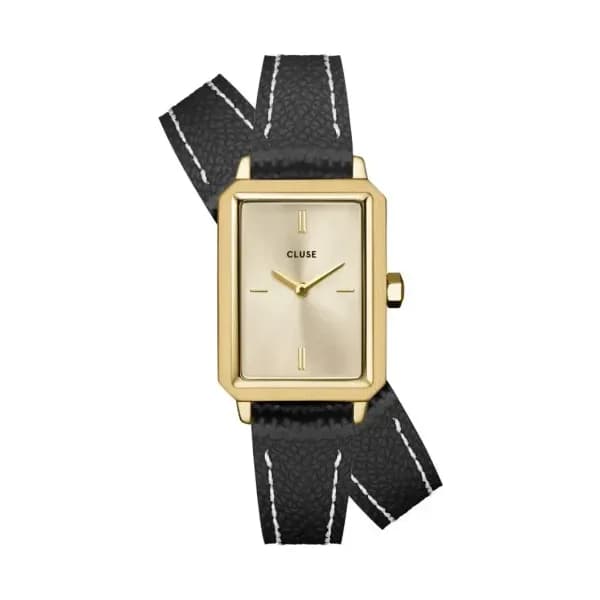 Cluse Fluette Watch Double Leather, Black, Full Gold Colour
