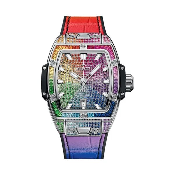 Hublot Montre Hublot Spirit of Big Bang Steel Rainbow automatique cadran pierres colorées bracelet caoutchouc cuir multicolore 32 mm