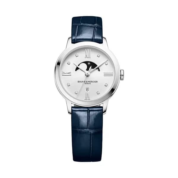 Baume & Mercier Montre Baume et Mercier Classima quartz cadran argenté bracelet cuir bleu 31 mm