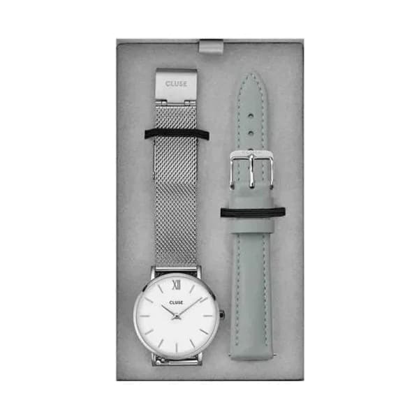 Cluse Montre Cluse Gift Box Minuit Watch Mesh & Grey Leather Strap, Silver Colour - CG10213