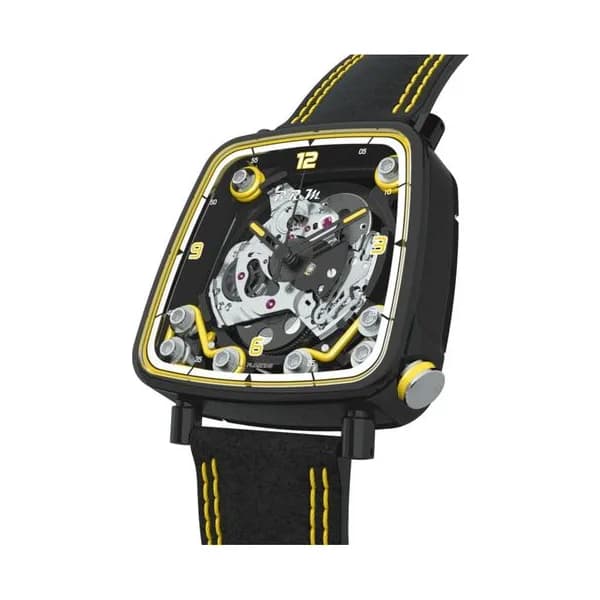 B.R.M Montre B.R.M FF39-40 automatique titane noir couronne laque jaune cadran squelette bracelet cuir Alcantara noir 40 mm